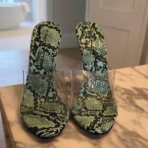 Stylish Green Snakeskin Heels with Clear Strap